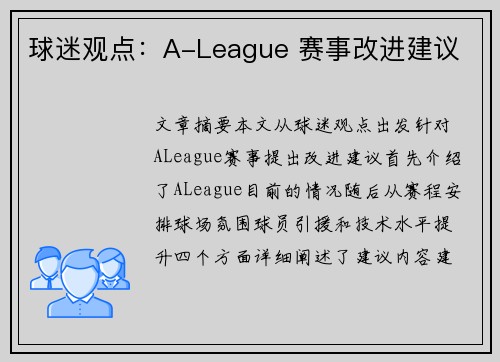 球迷观点：A-League 赛事改进建议